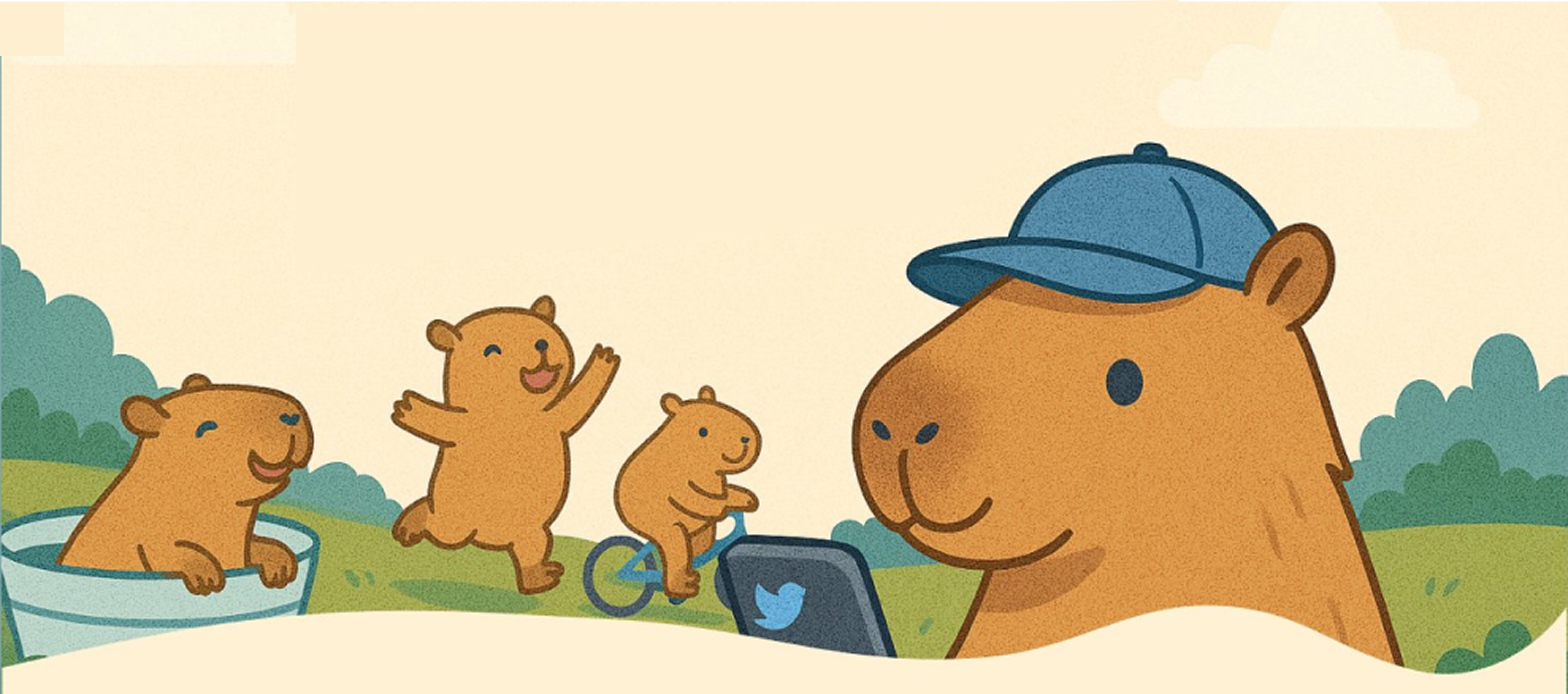 Capybaras playing - one in a tub, one jumping, one on a bicycle, and a large one with a blue cap