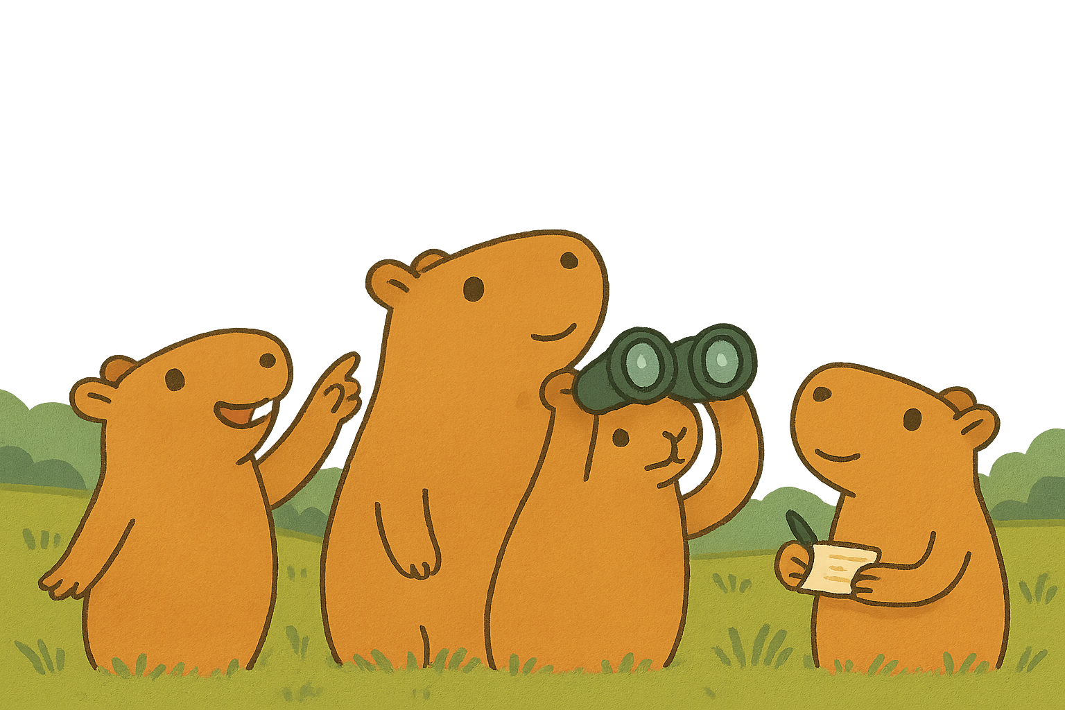 Team of capybaras working together - one waving, one with binoculars, and one with a device
